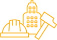 Yellow line art of a hardhat, building, and hammer