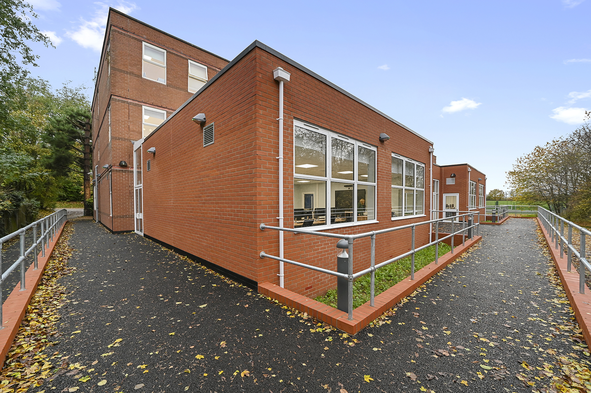 Outside shot of new classrooms at Hedingham School, Essex. Bid application and project delivery by Barkers.