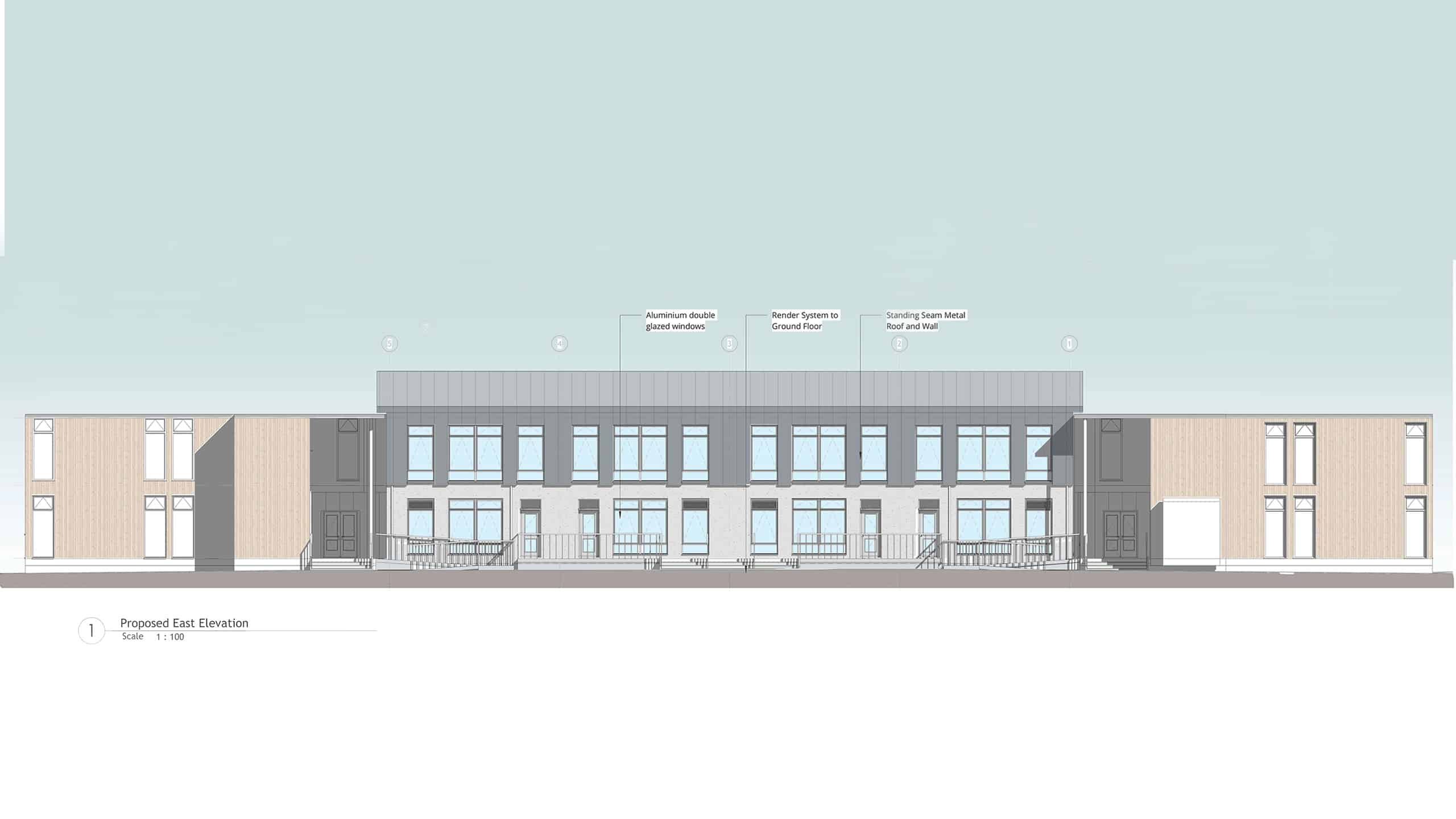 Architectural drawing of the front elevation of the Sixth Form extension at Woolwich Polytechnic School for Boys, London.
