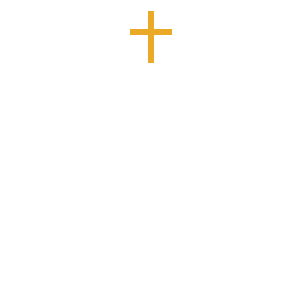 Church building icon in white with a yellow cross on the steeple
